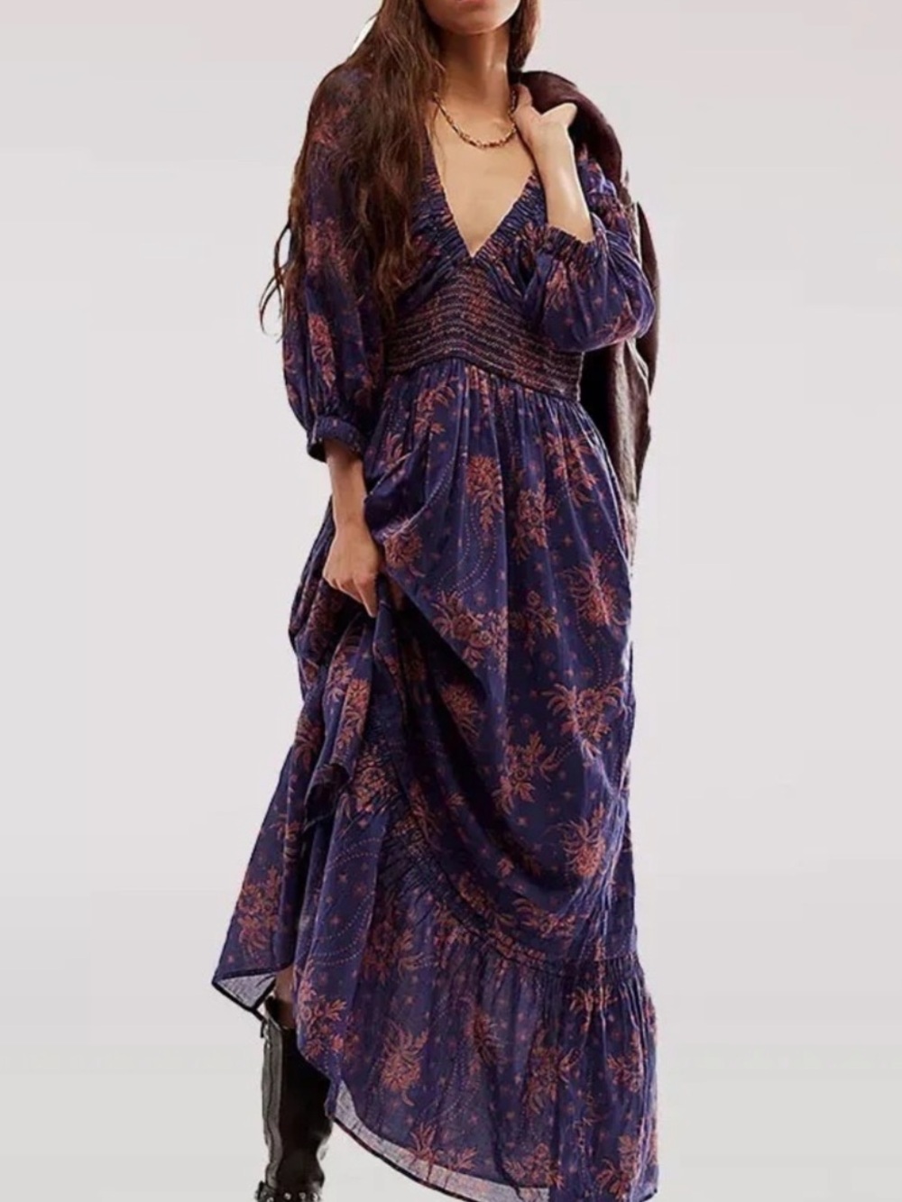 Free People Golden Hour Floral Maxi Dress M Blue Purple Pink Smocked Boho